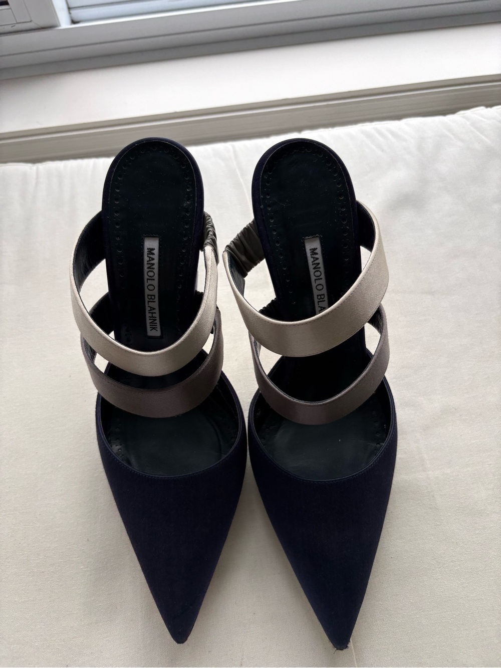 Manolo Blahnik Navy Pointed-Toe Mules with Taupe and Beige Straps